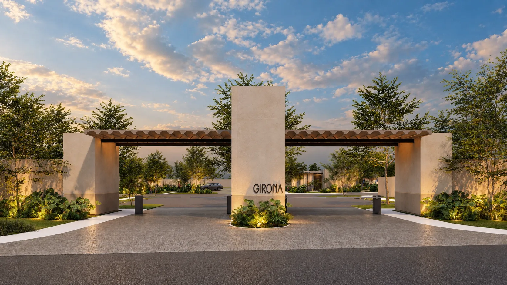 Render del acceso a Girona Privada Residencial con pórtico de teja y muro con el nombre del desarrollo