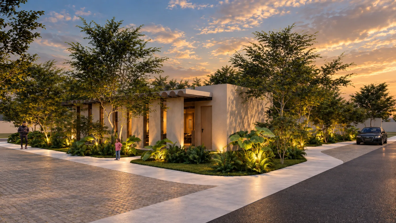 Render de la casa club de Girona al atardecer, con jardín e iluminación exterior