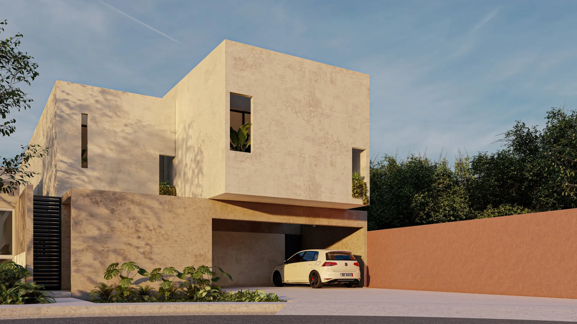 Render de fachada de casa OVIEDO con cochera techada y jardín frontal