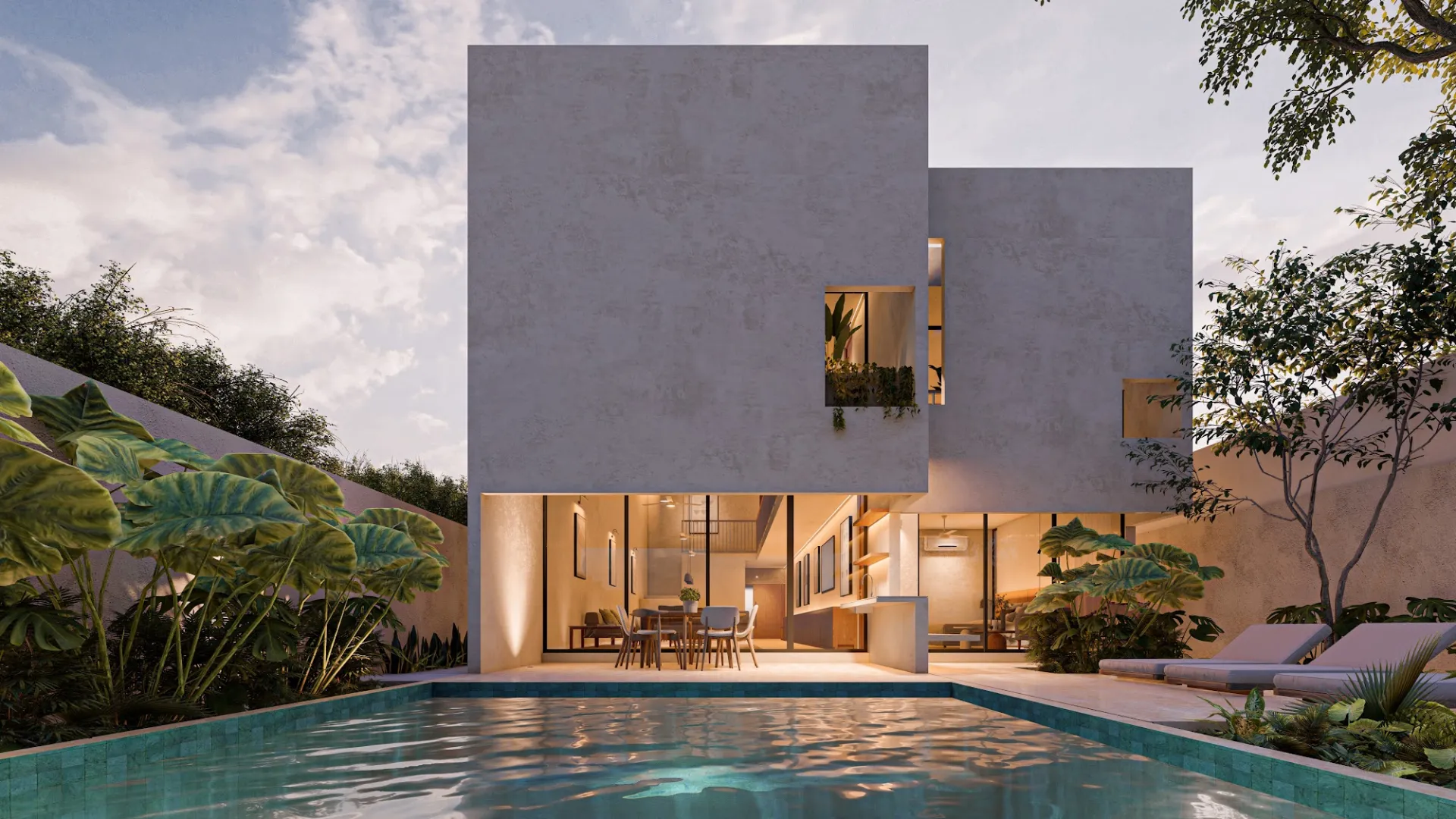 Render de terraza con alberca y comedor abierto de una casa OVIEDO al anochecer